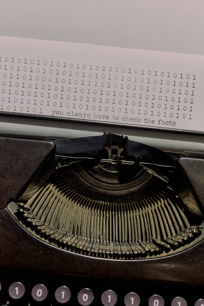 Vintage typewriter typing binary code with a quote about fact-checking.